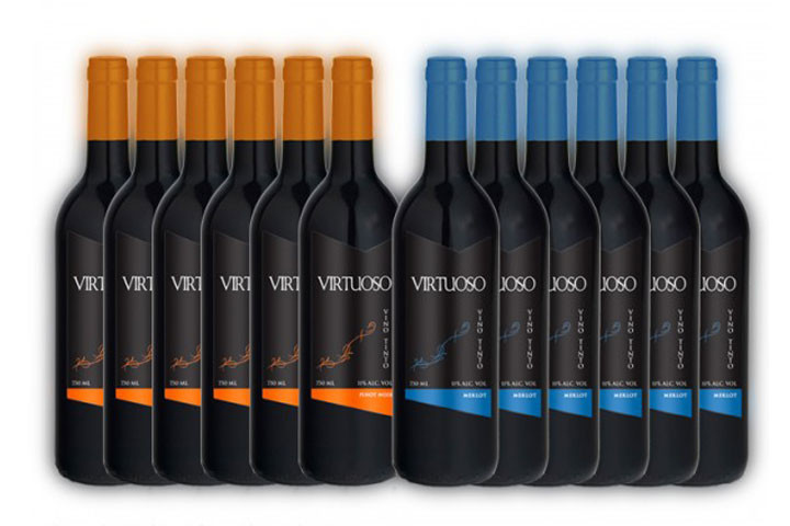 12 flasker Virtuoso rødvine, hvor du får 6 flasker Merlot og 6 flasker Pinot Noir1 