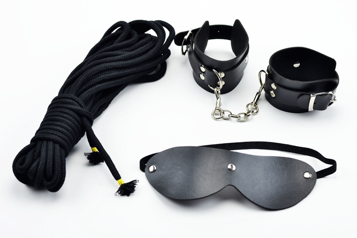 BDSM-Sæt med sorte hånd manchetter i PU læder, maske og bondage reb6 