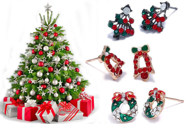 Sæt med 3 par juleøreringe i design, der forestiller en juleklokke, en julekrans og et juletræ 1 