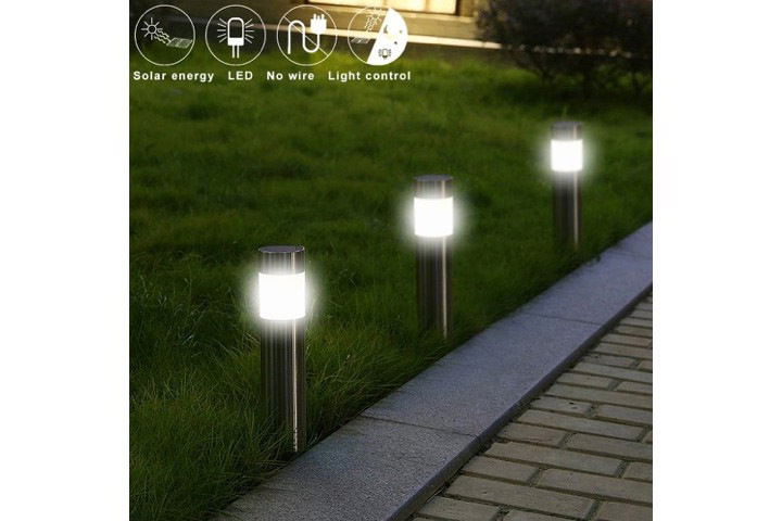 Solcellelamper på spyd til haven i cylinderformet stål-look design1 