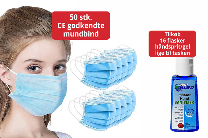 CE godkendte mundbind samt mulighed for tilkøb af håndsprit/gel 70%1 