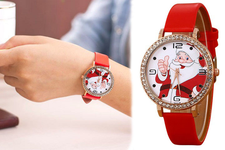 Rødt ur med julemandsmotiv i urskiven og Swarovski sten1 